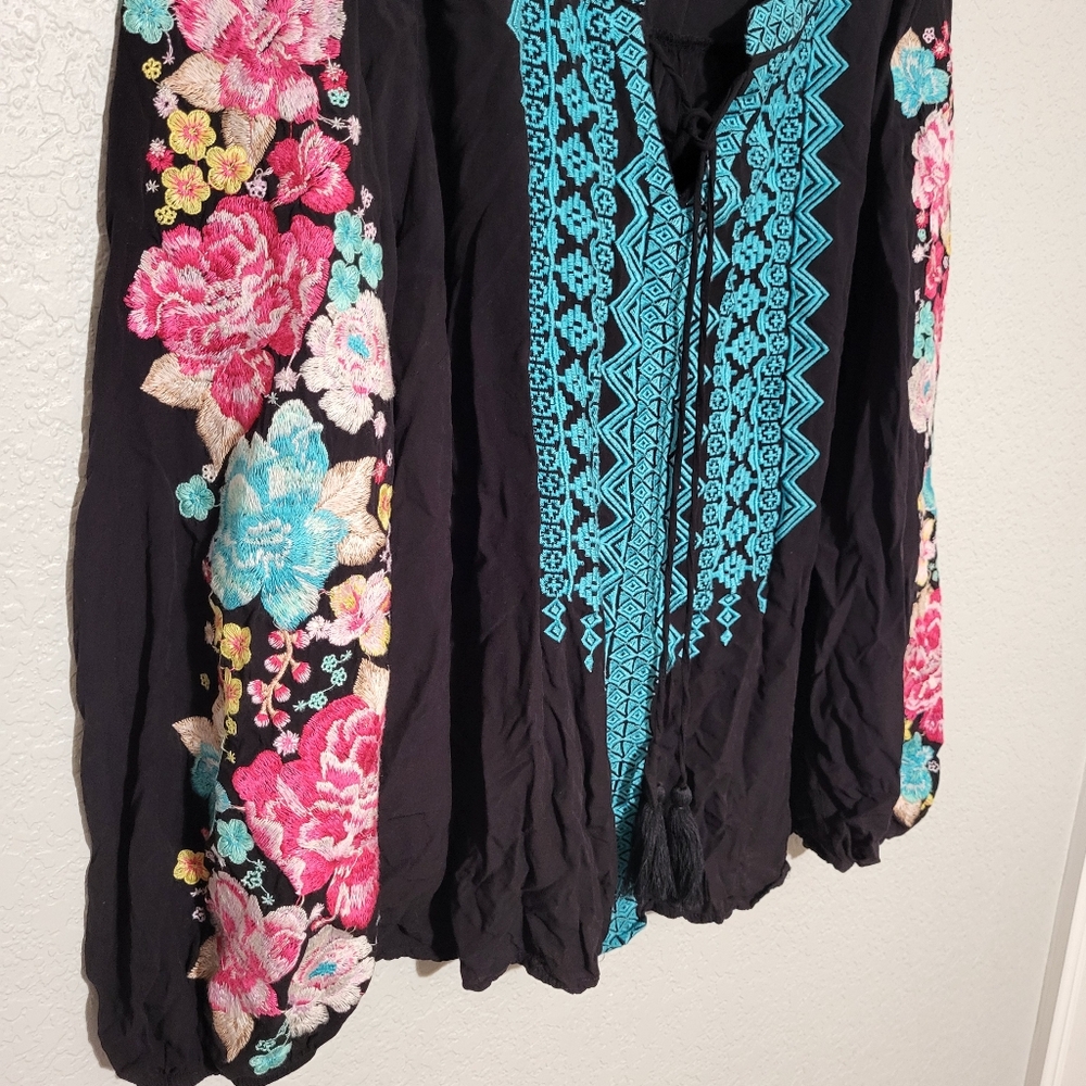 Savanna Jane Black Tunic with Turquoise Embroidery and Multicolor Floral Sleeves - Picture 5 of 9